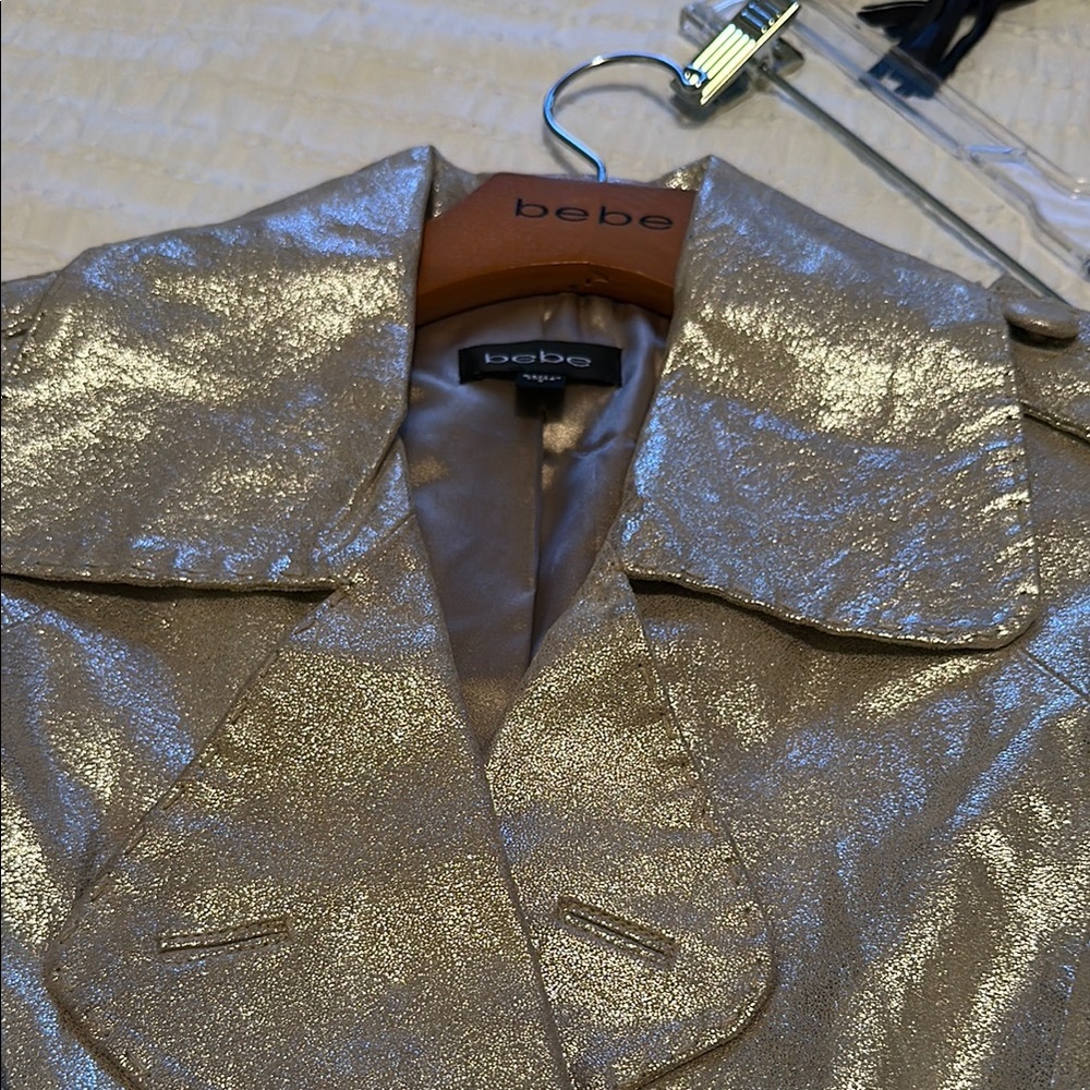 Vintage Bebe Shimmering leather Silver Trench Coat Retro Small - Picture 8 of 9